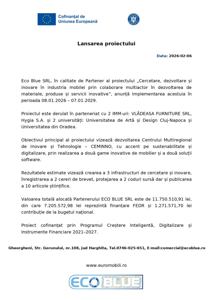 Un anunț în limba română privind lansarea unui proiect intitulat "Cercetare, dezvoltare și inovare în sectorul mobilei", cu logo-uri, date de contact și un rezumat al obiectivelor și finanțării proiectului.