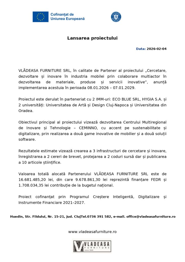 Un comunicat de presă în limba română anunță lansarea unui proiect de cercetare și inovare în domeniul mobilei finanțat de Uniunea Europeană, enumerând partenerii, obiectivele și informațiile de contact. Documentul include logo-uri oficiale și un calendar al proiectului.