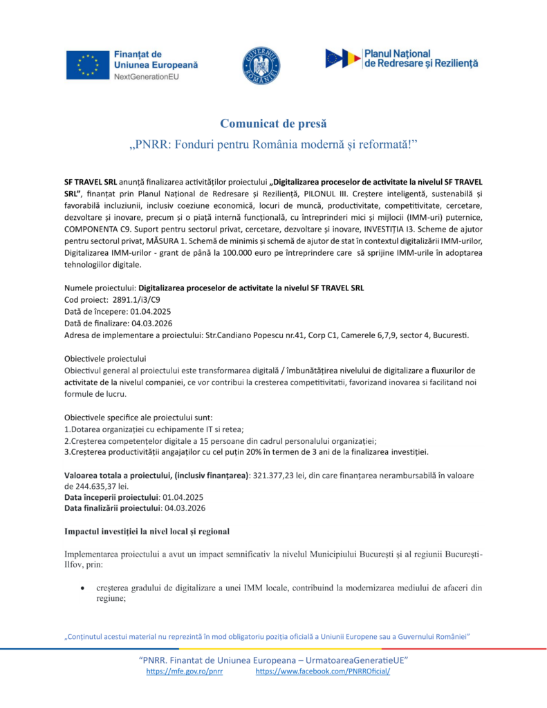 Un comunicat de presă românesc cu siglele UE și ale Planului Național de Recuperare și Reziliență anunță finalizarea proiectului "Test Product 1 Image Upload NU STERGE" pentru digitalizarea proceselor de afaceri.