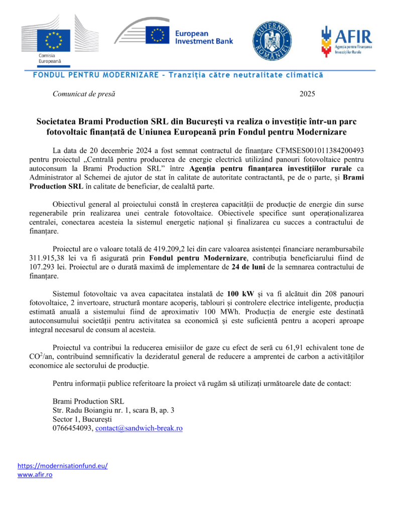 Un comunicat de presă rom&acirc;nesc prezintă Test Product 1 Image Upload Parcul solar NU STERGE, finanțat de Fondul de Modernizare al UE, &icirc;mpărtășind specificul proiectului și energia anuală preconizată, cu logo-urile UE, Fondul și AFIR afișate &icirc;n partea de sus.