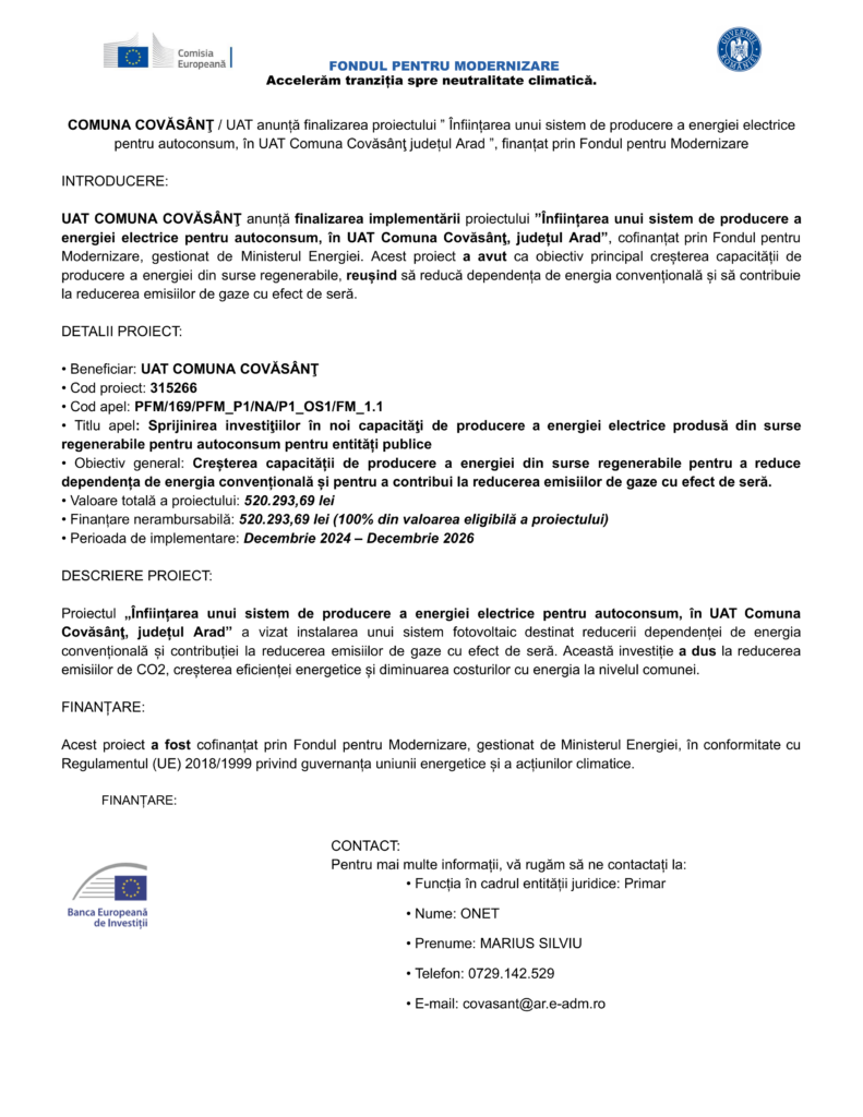 Document informativ în limba română despre finalizarea proiectului "Test Product 1 Image Upload NU STERGE", înființarea unui sistem electric autonom în Covăsânț, Arad. Include detalii despre proiect, beneficiar și informații de contact.