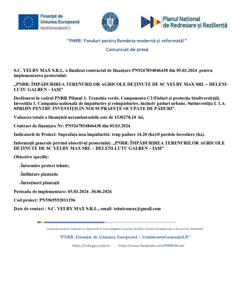Un document de presă românesc care detaliază un contract de finanțare pentru S.C. YELBY MAX S.R.L., datat 5 martie 2024, privind sprijinul pentru tinerii fermieri prin programul PNRR. Include titlul proiectului, obiectivele și datele de contact.