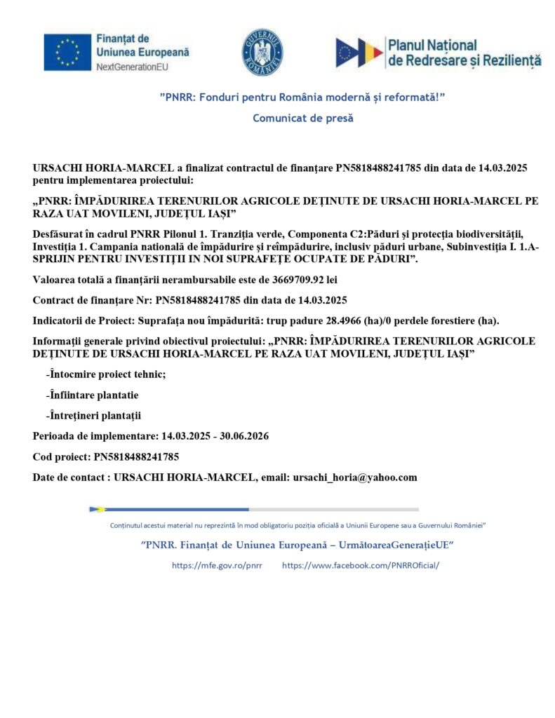 Document de presă în limba română cu siglele Uniunii Europene, Guvernului României și PNRR. Titlul vorbește despre finanțarea unui proiect de împrejmuire a terenurilor agricole din județul Iași, menționând detalii de implementare.