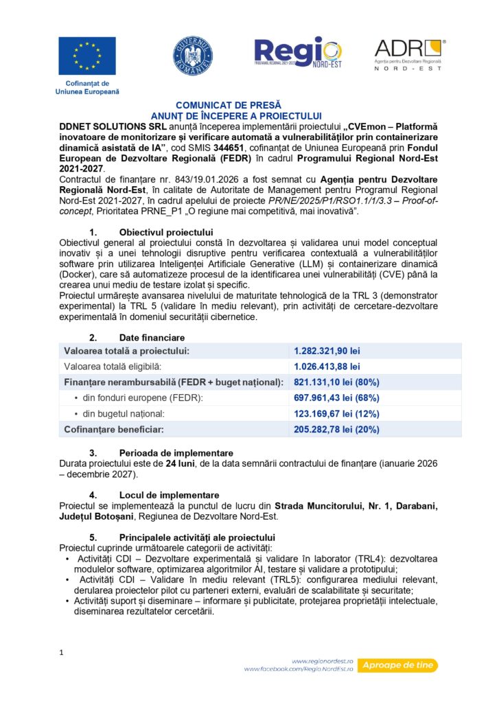 Comunicat de presă în limba română, cu sigle europene și locale, intitulat "Anunțarea demarării proiectului CVEmon". Acesta detaliază sursele de finanțare, organizațiile partenere, datele de implementare și cifrele financiare.