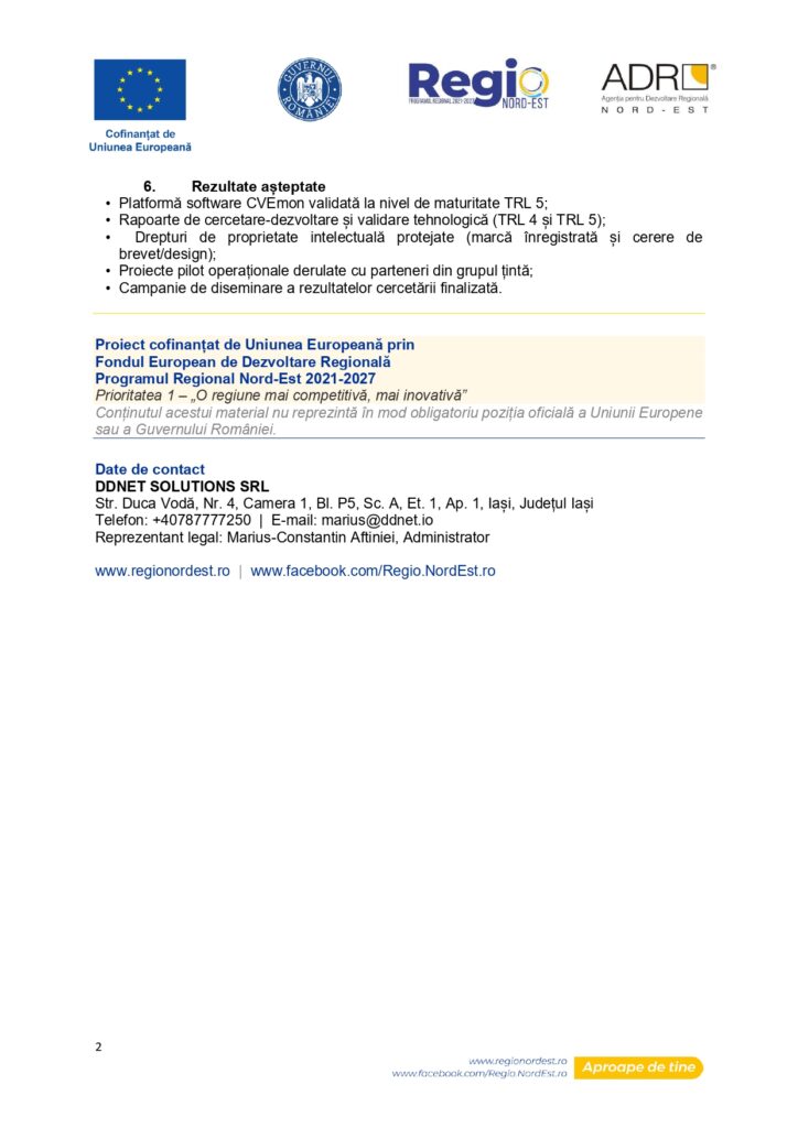 Un document &icirc;n limba rom&acirc;nă cu logo-uri &icirc;n partea de sus, o listă numerotată &icirc;n centru și o secțiune evidențiată despre finanțarea europeană. Datele de contact și linkurile către rețelele de socializare sunt &icirc;n partea de jos. Layout-ul are un fundal alb.