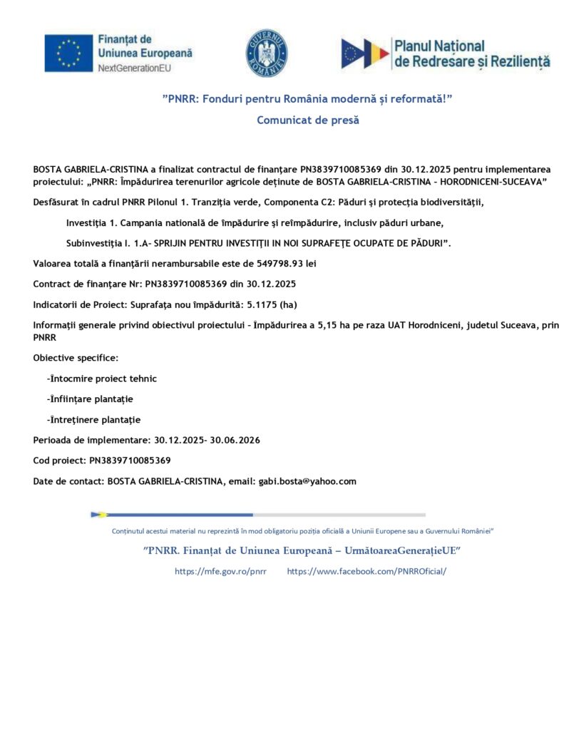 Un comunicat de presă românesc anunță finalizarea finanțării pentru un proiect privind gestionarea deșeurilor, afișând logo-urile guvernului și ale UE, detalii sumare, informații despre finanțare și detalii de contact într-un format structurat.