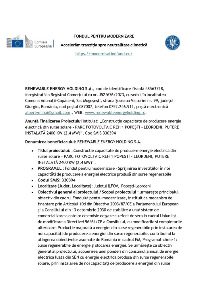 Un document cu sigla Comisiei Europene și informații despre RENEWABLE ENERGY HOLDING S.A., care prezintă în detaliu un proiect de energie solară în România, inclusiv datele de contact, capacitatea proiectului și confirmarea finanțării.
