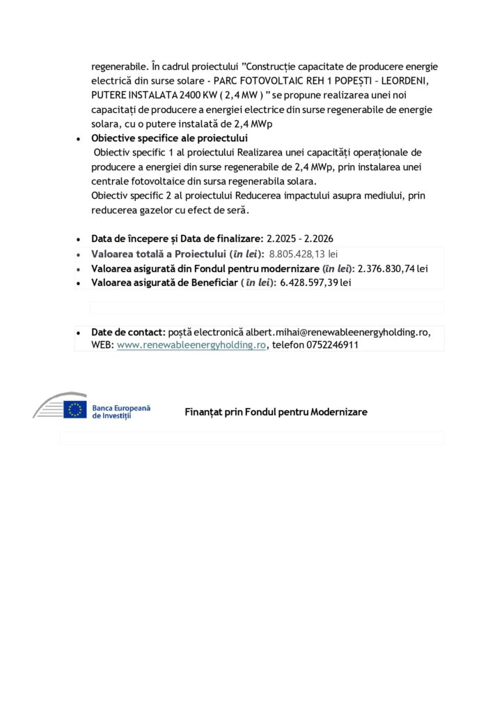 Un document rom&acirc;nesc care descrie un proiect de energie solară, inclusiv obiective, detalii cheie, calendar (2025-2026), informații despre finanțare, detalii de contact și logo-uri pentru Fondul de Modernizare și Uniunea Europeană &icirc;n partea de jos.