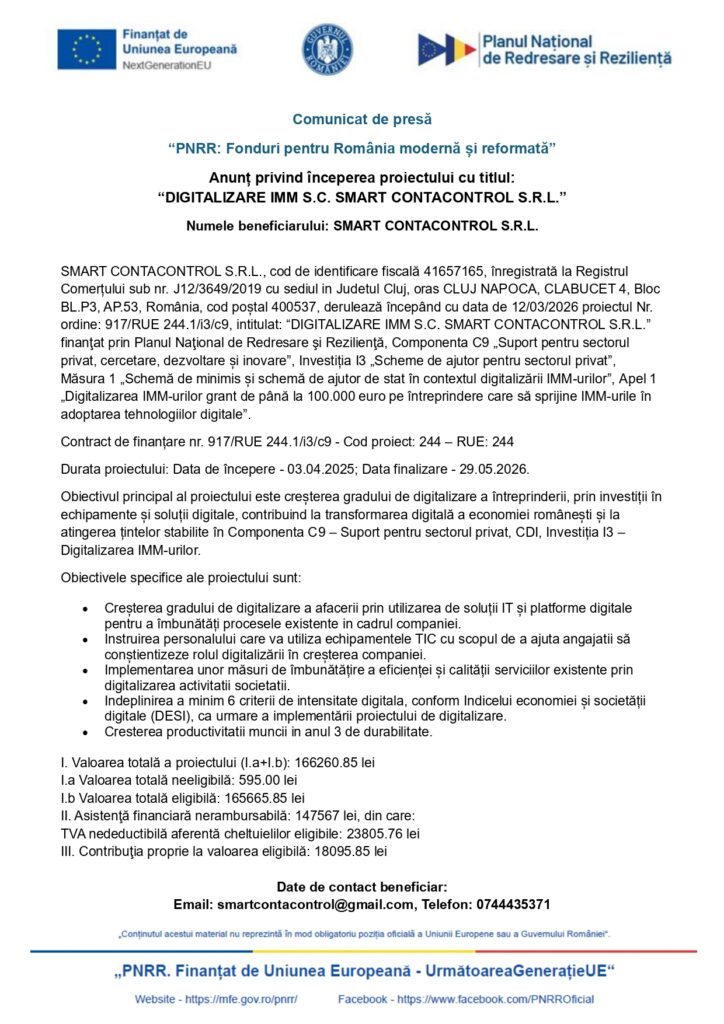 Un comunicat de presă rom&acirc;nesc pe antet oficial anunță demararea unui proiect intitulat "DIGITALIZARE IMM S.C. SMART CONTACTCONTROL S.R.L." cu detalii despre proiect, finanțare și informații de contact.