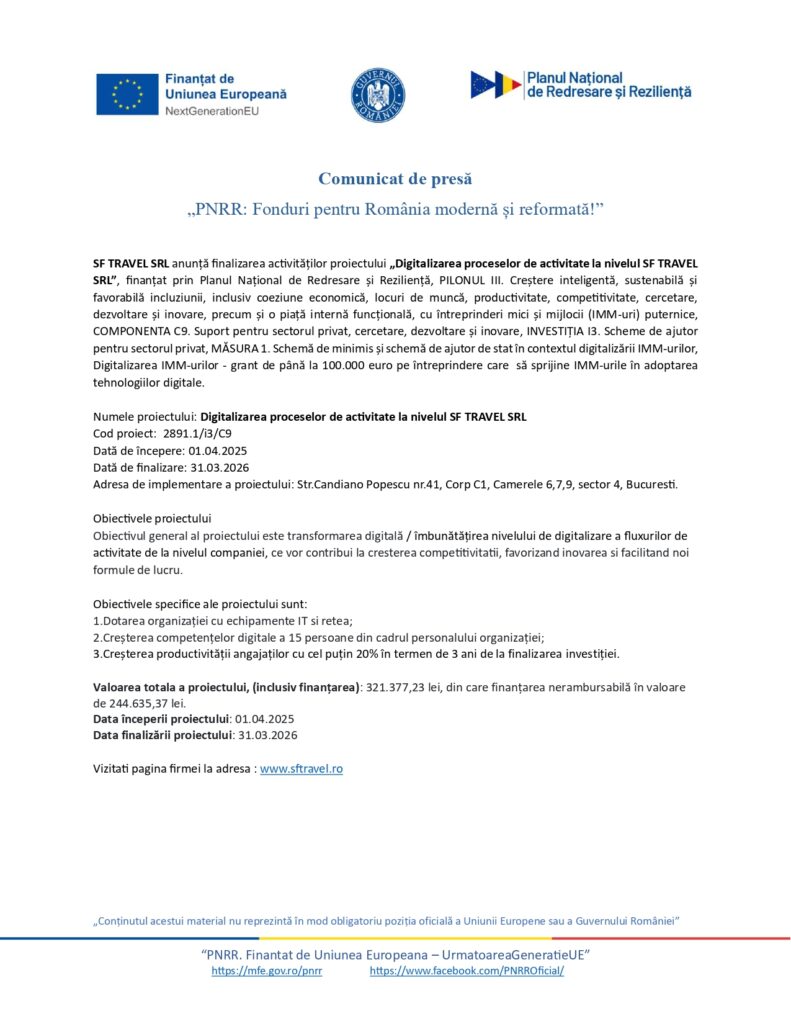 Comunicat de presă &icirc;n limba rom&acirc;nă prin care se anunță finalizarea unui proiect de digitalizare a proceselor activității de afaceri la SI TRAVEL SRL, finanțat prin Planul Național de Relansare și Reziliență (PNRR) cu sprijinul UE.