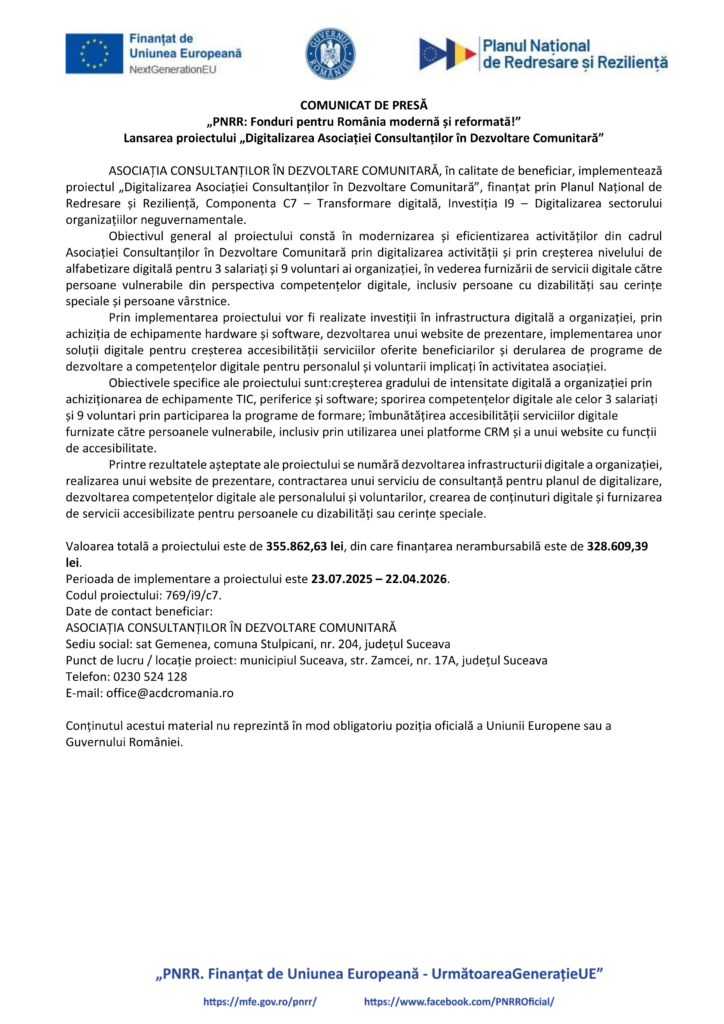 Un comunicat de presă românesc intitulat "COMUNICAT DE PRESĂ", cu logo-uri în partea de sus, anunță lansarea produsului de testare 1 Image Upload NU STERGE, cu un text în mai multe paragrafe.
