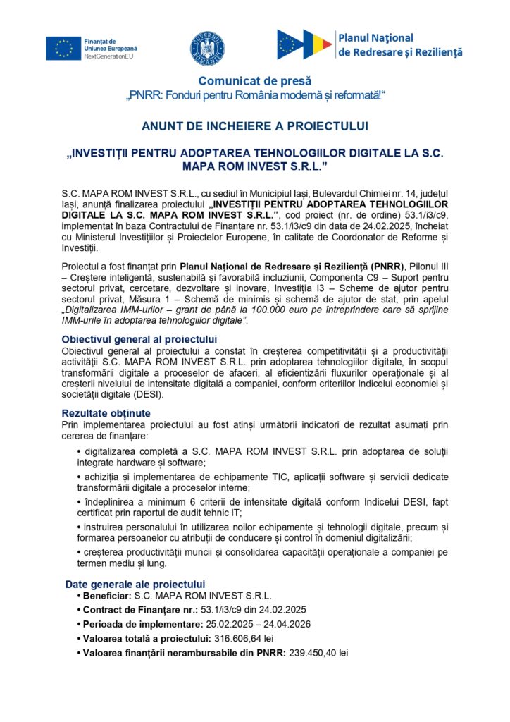 Un comunicat de presă românesc care anunță finalizarea unui proiect privind investițiile în adoptarea tehnologiei digitale, cu logo-uri, titluri, secțiuni structurate, titluri în bold, un rezumat al bugetului și informații de contact.