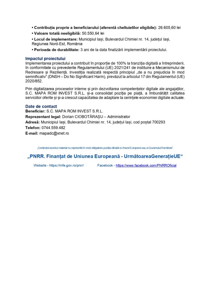 Un document &icirc;n limba rom&acirc;nă prezintă detaliile proiectului, sursele de finanțare, locația, calendarul și informațiile de contact sub titlul "PNRR. Finanțat de Uniunea Europeană", cu text negru pe fond alb.