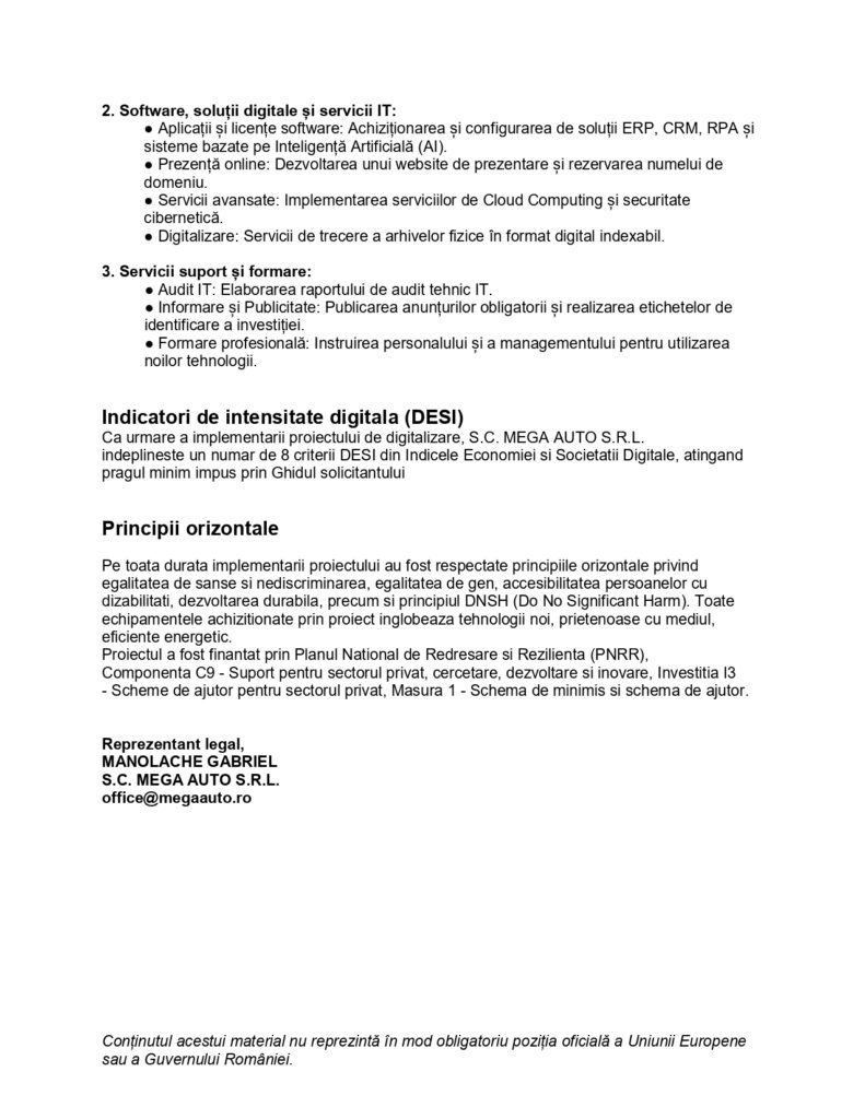Un document rom&acirc;nesc care enumeră tipurile de software, servicii digitale și echipamente TIC, inclusiv exemple și principii directoare. De asemenea, menționează Indicele economiei și societății digitale (DESI) și include o clauză de exonerare de răspundere la final.