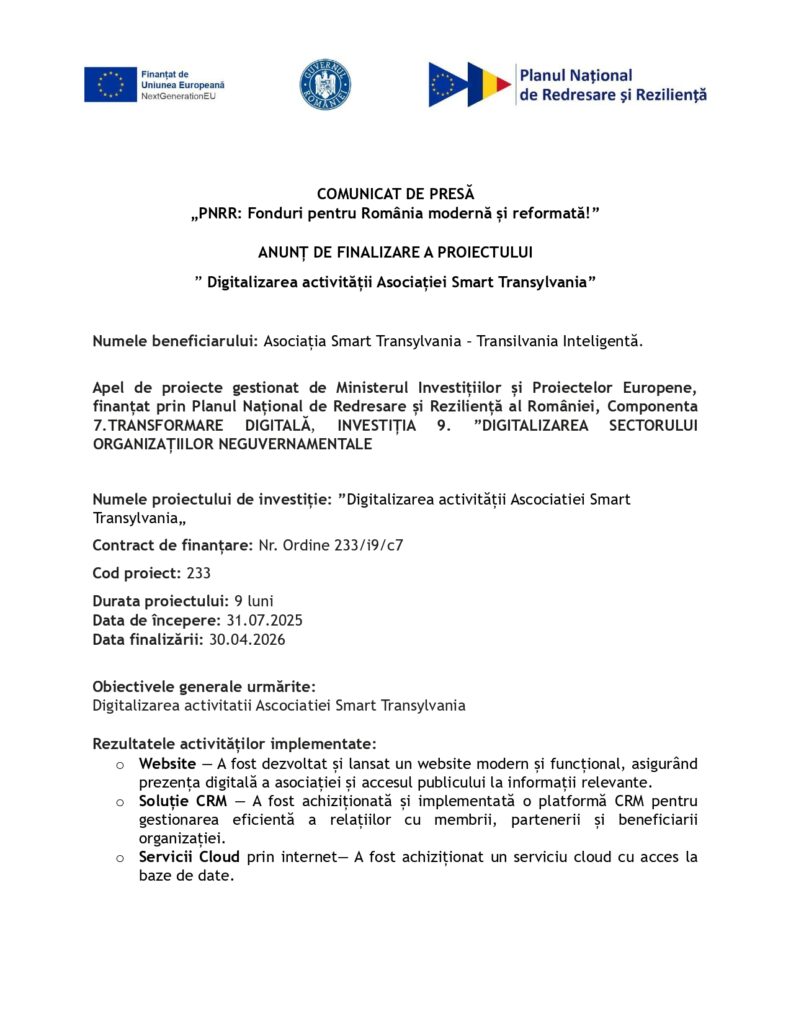 Un comunicat de presă românesc cu logo-uri și text anunță finalizarea proiectului "Digitalizarea activității Asociației Smart Transilvania", enumerând detaliile proiectului, sursa de finanțare și informațiile de contact.