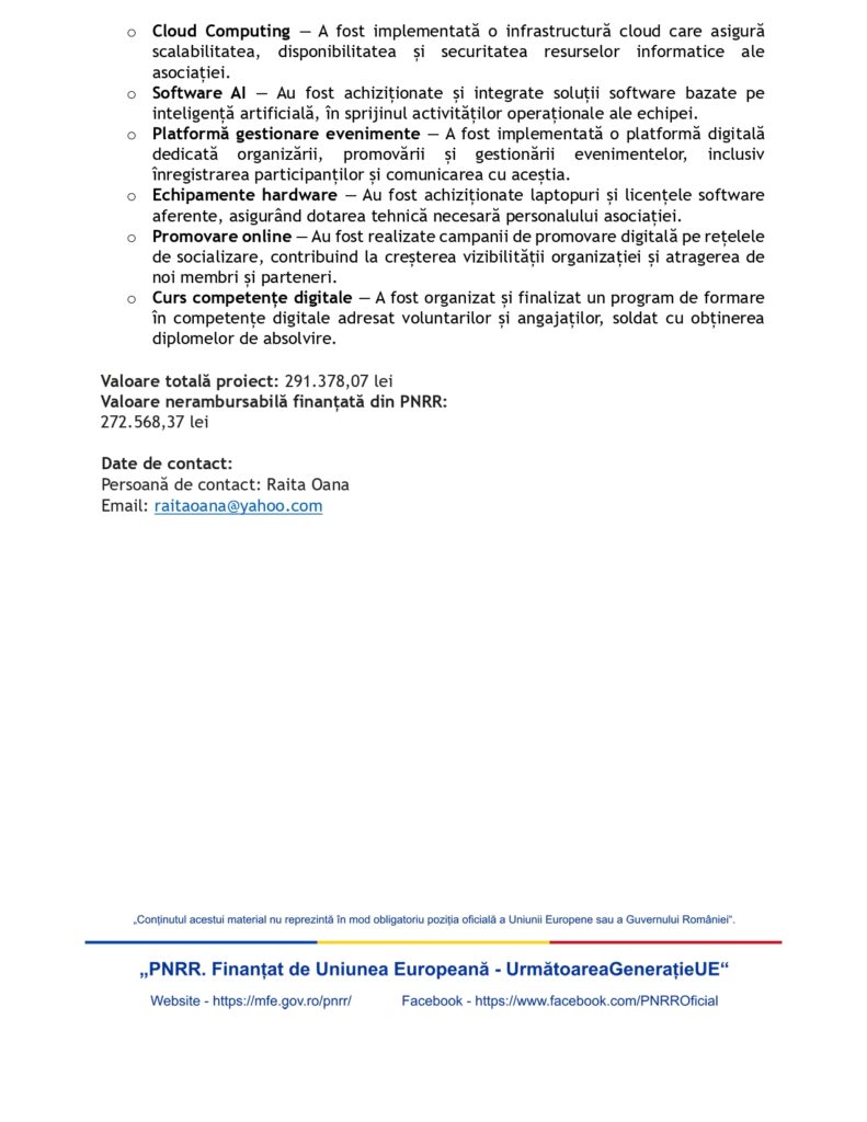 Un document rom&acirc;nesc enumeră cheltuielile de digitalizare, inclusiv software, soluții AI, servicii cloud și platforme digitale, cu costurile aferente. &Icirc;n partea de jos, sunt informații despre finanțarea din partea Uniunii Europene și date de contact.