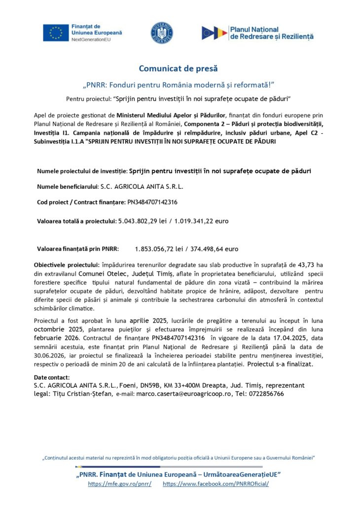 Un document românesc de presă care detaliază fondurile finanțate de UE pentru investiții în terenuri neîmpădurite, inclusiv titlul proiectului, beneficiarul, codul, valoarea și procentele de finanțare. Logourile ministerelor UE și României sunt în partea de sus.