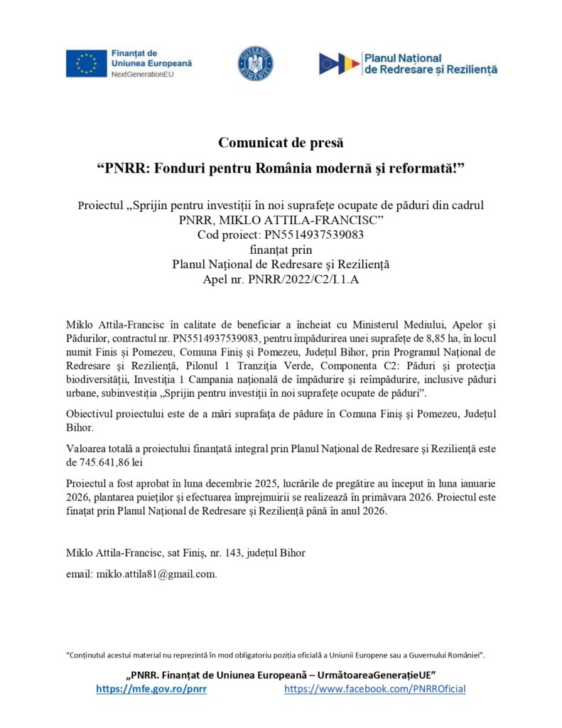 Comunicat de presă &icirc;n limba rom&acirc;nă pe antet de la Ministerul Investițiilor și Proiectelor Europene, care detaliază finanțarea pentru un nou proiect de investiții &icirc;n cadrul Planului Național de Relansare și Reziliență. Include logo-uri și informații de contact.