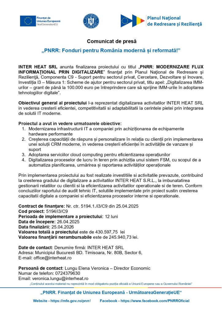 Un comunicat de presă în limba română intitulat "PNRR: Fonduri pentru România modernă și reformată" prezintă informații despre proiectul de digitalizare al INTER HEAT SRL cu logo-uri ale Guvernului României și ale Planului Național de Recuperare și Reziliență.