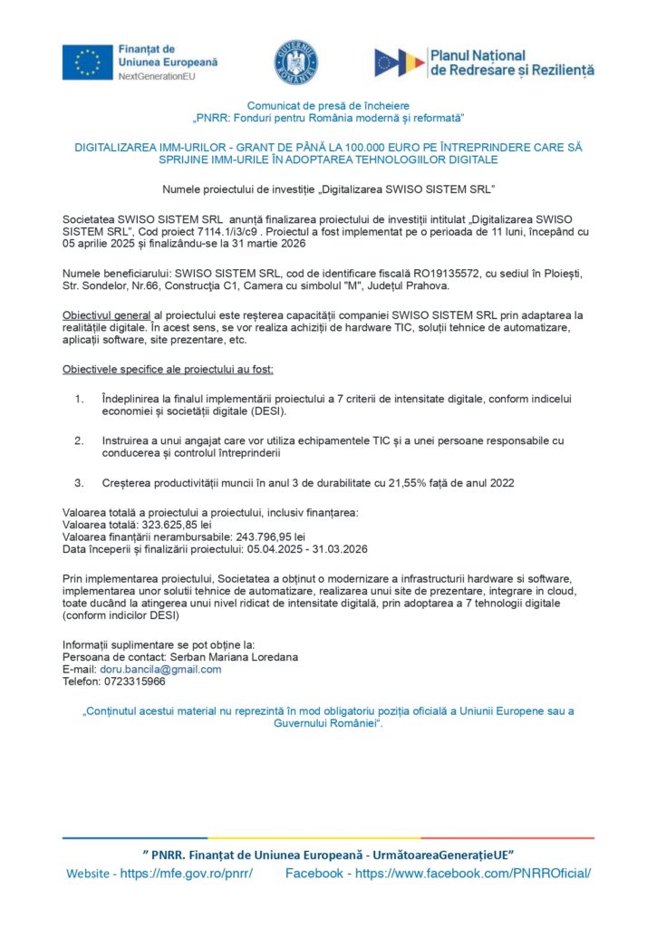 Document de presă cu logo-uri &icirc;n partea de sus și un antet albastru. Textul anunță un grant pentru digitalizarea IMM-urilor, detalii despre SWISO SISTEM SRL care primește finanțare, obiectivele proiectului și rezultatele așteptate.