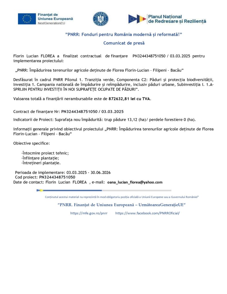 Un document de presă &icirc;n limba rom&acirc;nă prezintă informații despre un contract de finanțare finalizat pentru un proiect de &icirc;mpădurire a terenurilor agricole. Acesta include logo-uri, detalii despre text, sumele de finanțare și informații de contact.