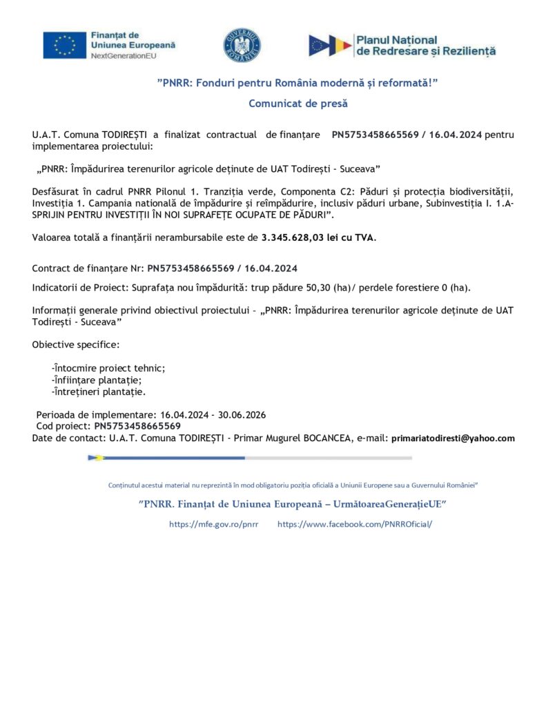 Un document de presă al Ministerului Finanțelor din Rom&acirc;nia care anunță aprobarea finanțării pentru un proiect forestier &icirc;n Todirești, Suceava. Acesta include titluri, detalii despre proiect, logo-urile partenerilor și informații de contact.