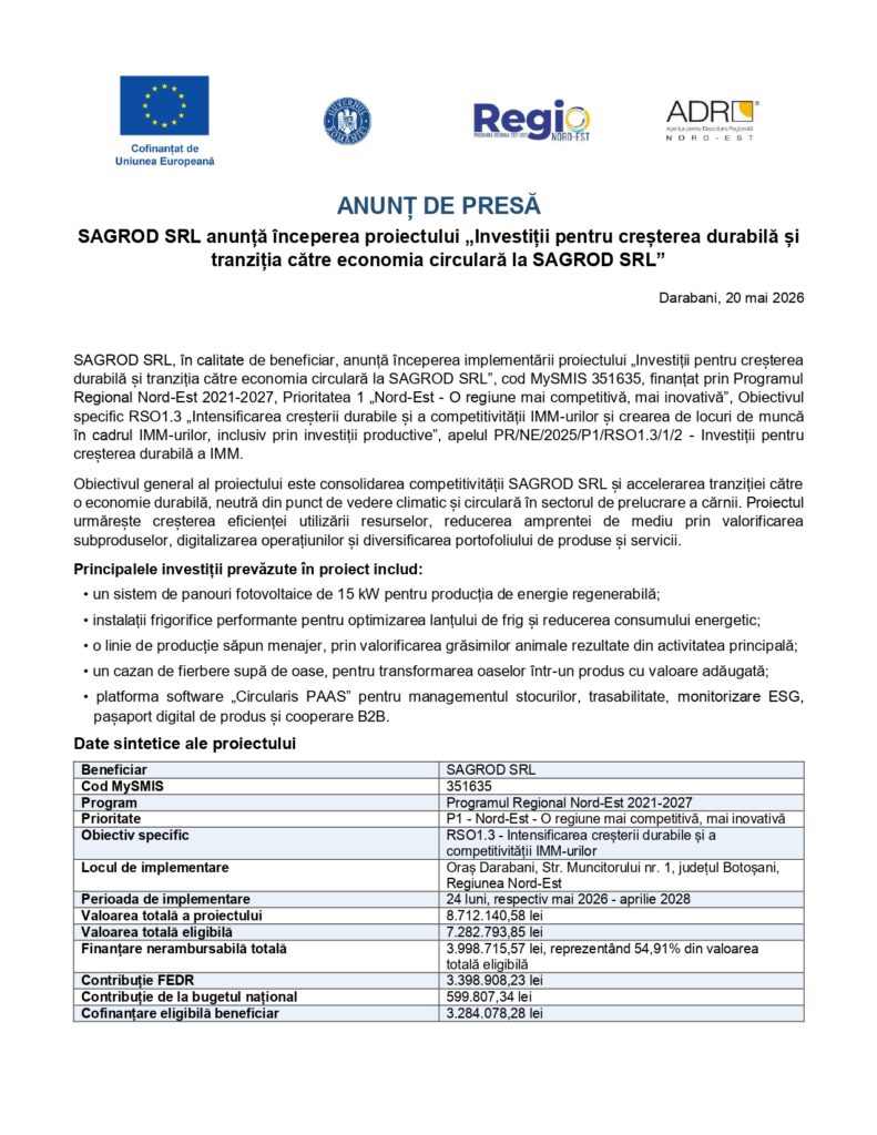 Un comunicat de presă rom&acirc;nesc care anunță &icirc;nceperea unui proiect de dezvoltare durabilă și tranziție la economia circulară la SAGROD SRL, cu logo-urile UE, Regio și ADR Nord-Vest și text negru pe fond alb.