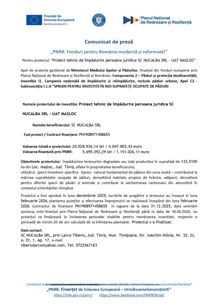 Comunicat de presă proiect PNRR România cu detalii despre finanțare, obiective, beneficiar și logo-uri afișate în partea superioară a paginii.