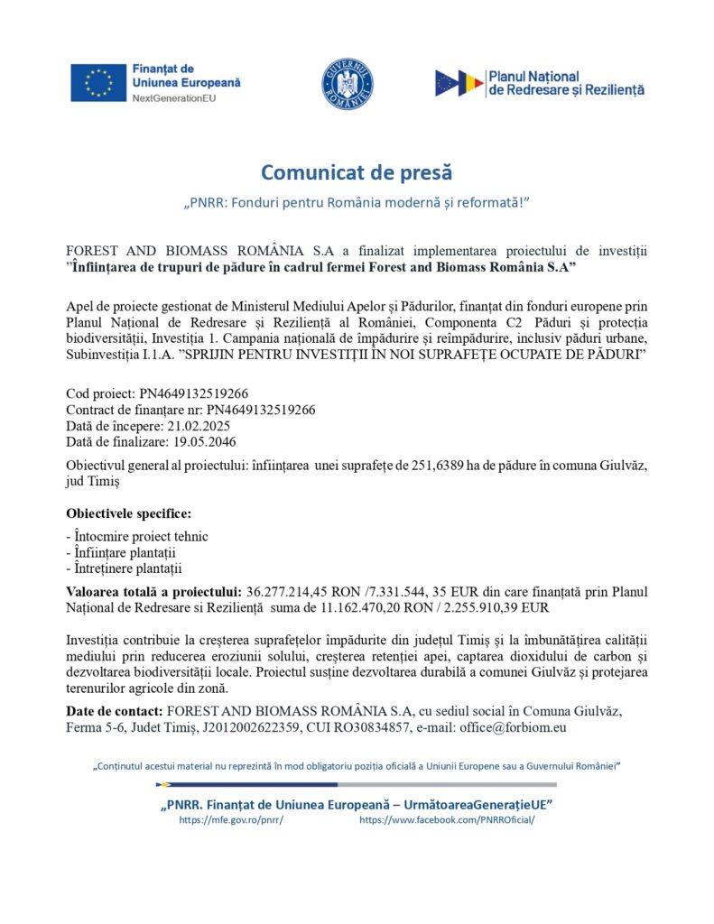 Un comunicat de presă rom&acirc;nesc pe h&acirc;rtie cu antet oficial anunță finalizarea unui proiect de investiții pentru &icirc;nființarea de plantații de arbori &icirc;n cadrul Planului național de redresare și reziliență, inclusiv detaliile proiectului, obiectivele și sumele de finanțare.