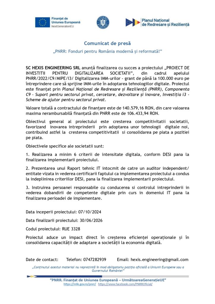 Un document de presă &icirc;n limba rom&acirc;nă cu logo-urile Ministerului de Finanțe al Rom&acirc;niei și ale Planului Național de Relansare și Reziliență. Textul detaliază un proiect de investiții &icirc;n digitalizare finalizat de HEXIS ENGINEERING SRL.