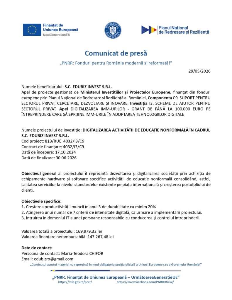 Comunicat de presă &icirc;n limba rom&acirc;nă cu logo-uri sus, despre proiect digital educațional finanțat UE și MIPE, 29/05/2026.