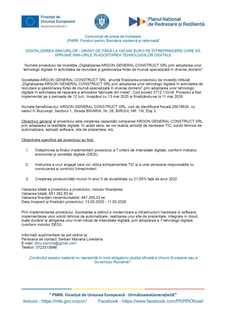 Un document de presă în limba română, cu siglele Uniunii Europene și ale unui program românesc. Acesta detaliază un grant acordat ARGON GENERAL CONSTRUCT SRL pentru digitalizare, cu informații oficiale de contact în partea de jos.