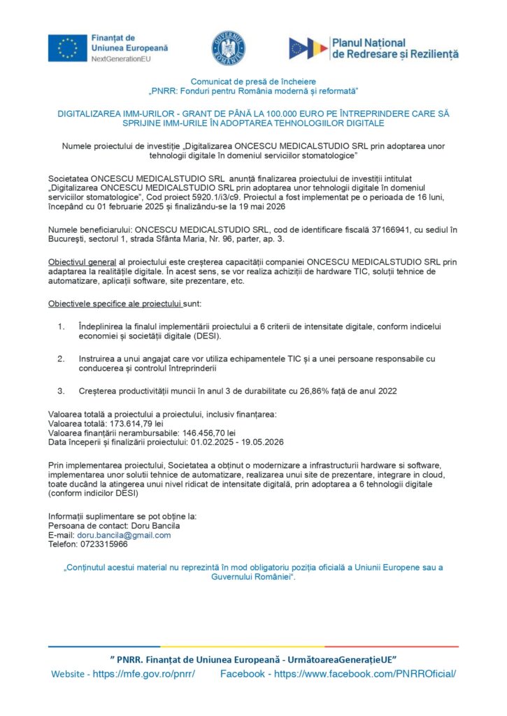 Comunicat de presă &icirc;n limba rom&acirc;nă de la Ministerul Finanțelor despre un grant UE acordat ONCESCU MEDICALISTUDIO SRL pentru digitalizare. Detaliile includ valoarea proiectului, obiectivele, calendarul și informațiile de contact.