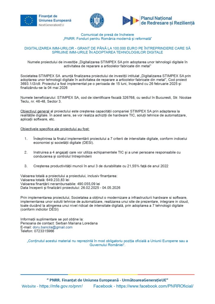 Un document de presă în limba română cu siglele "Finanțat de Uniunea Europeană", "Planul Național de Redresare și Reziliență" și "Stirpex SA". Textul detaliază o subvenție pentru digitalizare și informațiile de contact aferente.