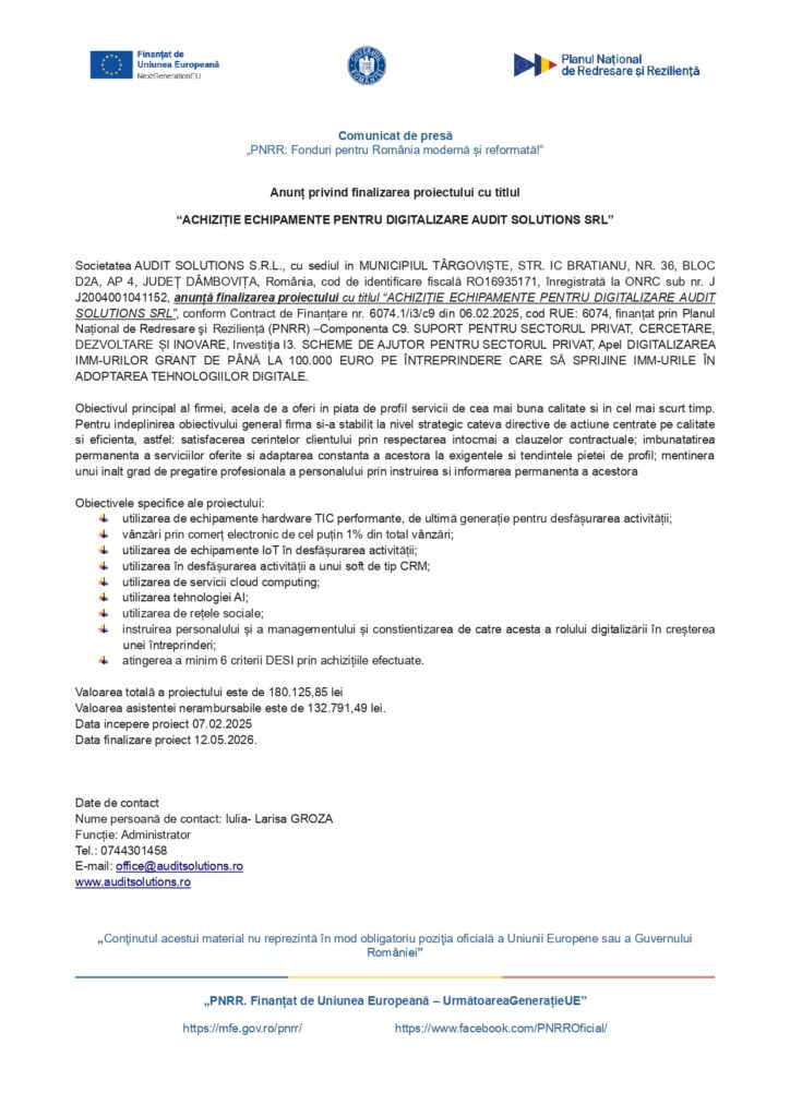 Un document de presă rom&acirc;nesc cu sigle guvernamentale și ale UE, intitulat despre achiziția de echipamente de digitalizare de către Audit Solutions SRL. Pagina conține text dens, justificat și o semnătură &icirc;n partea de jos.