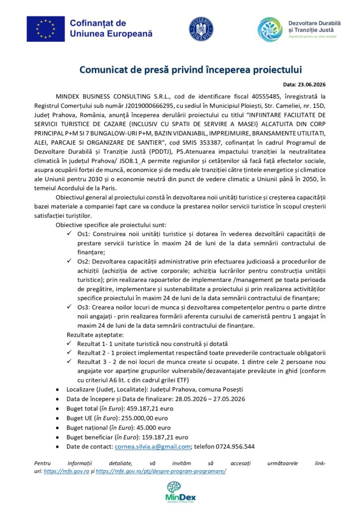 Comunicat de presă privind lansarea unui proiect turistic, sigla Uniunii Europene &icirc;n partea de sus, text negru pe fundal alb; document oficial al Rom&acirc;niei.