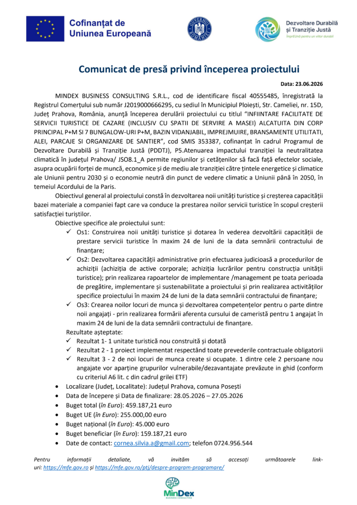 Comunicat de presă pe fundal alb, cu siglele UE și ale sustenabilității, referitor la proiectul de accesibilitate turistică &bdquo;Test Product 1&rdquo;.
