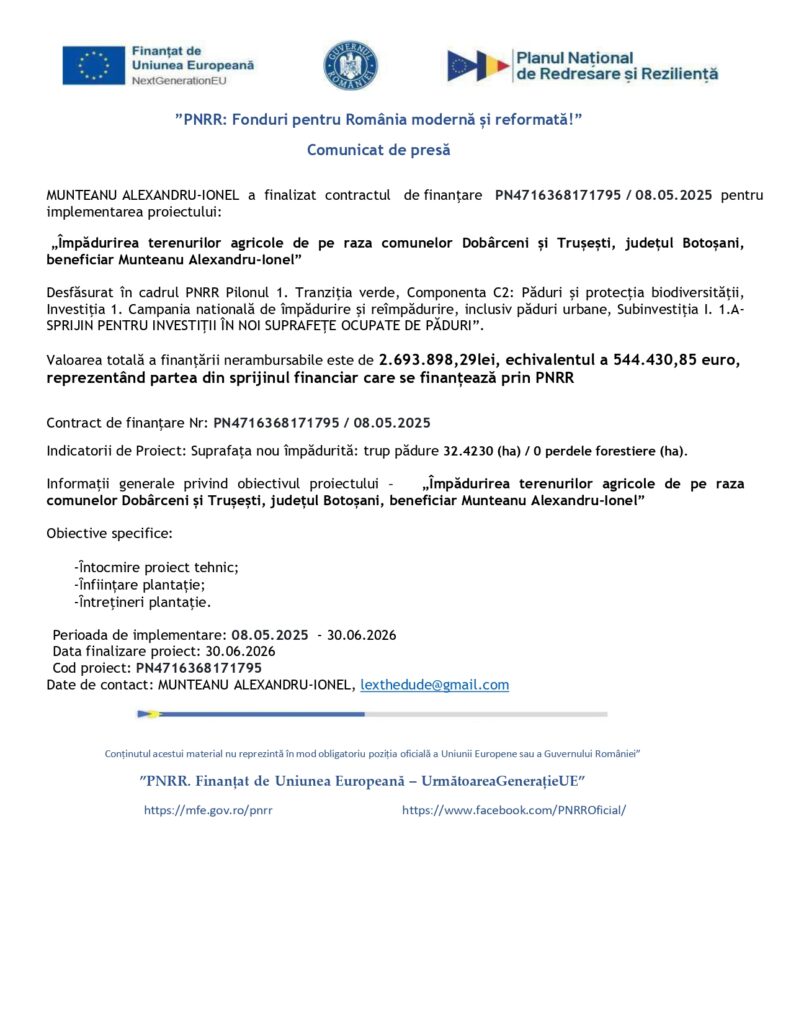 Comunicat al Guvernului Rom&acirc;niei: contract de finanțare pentru proiectul agricol Dob&acirc;rceni-Trușești, județul Botoșani, logo-ul oficial și datele de contact.