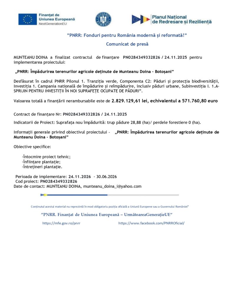 Comunicat de presă al Ministerului Finanțelor privind contractul de finanțare &bdquo;PNRR: &Icirc;mprejmuirea terenurilor agricole din Durnești&rdquo;. Logo-uri oficiale.