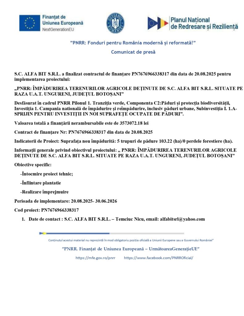 Comunicat de presă oficial privind finalizarea contractului de &icirc;mpădurire a terenurilor agricole din Rom&acirc;nia, cu logo-uri, titlu și tabelul cu rezultate.