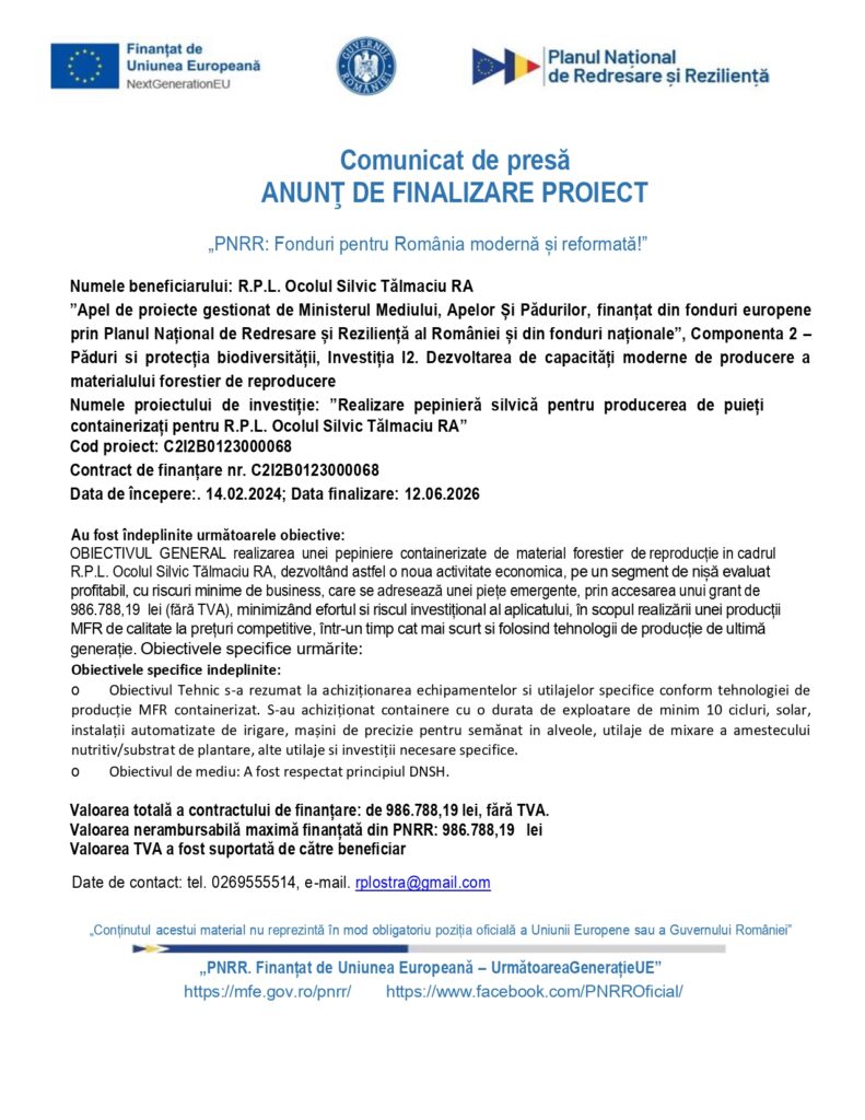 Comunicat de presă oficial privind finalizarea unui proiect PNRR, cu beneficiile și obiectivele menționate, precum și logo-urile instituțiilor respective.