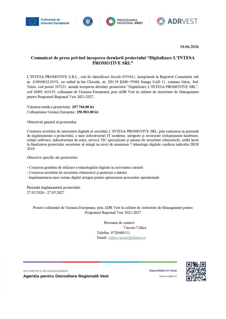 Comunicat de presă pe fundal alb, siglele UE, ADR Vest și Agenția pentru Dezvoltare Regională Vest; proiectul de digitalizare al L&rsquo;INTESA PROMOTIVE SRL.