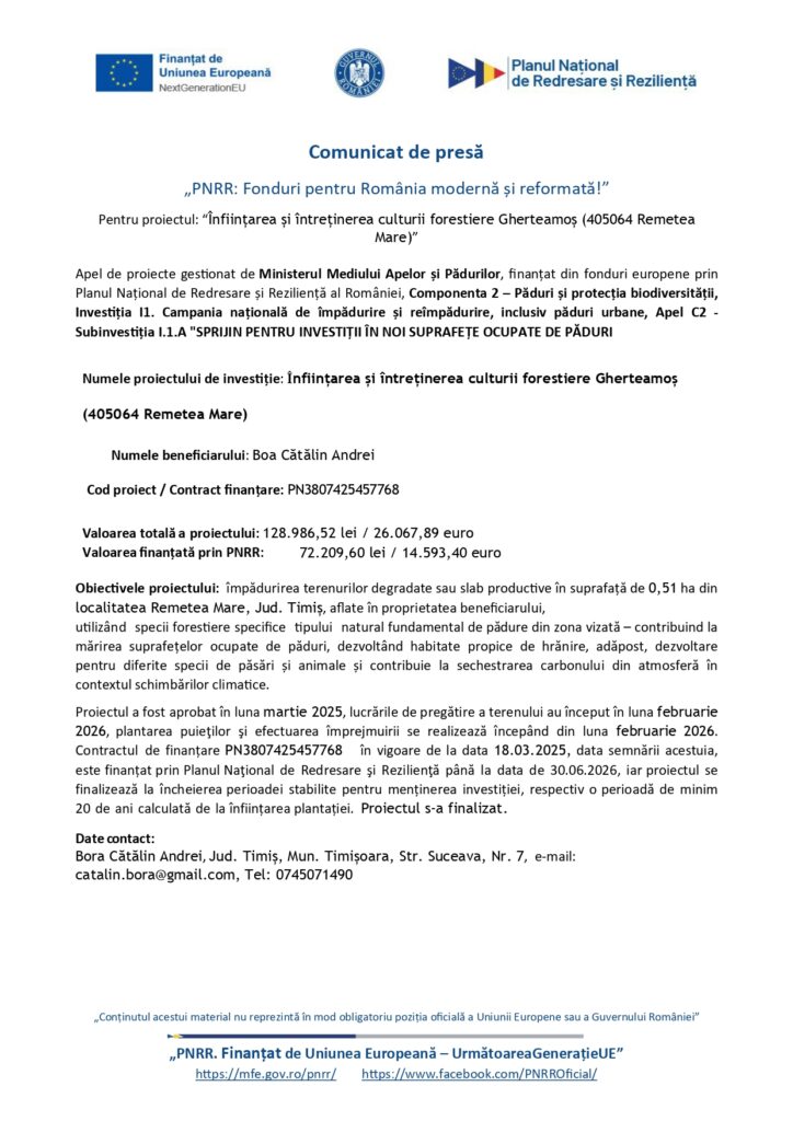 Comunicat de presă oficial privind un proiect forestier finanțat de UE, care include denumirea proiectului, beneficiarul, suma și siglele instituționale.