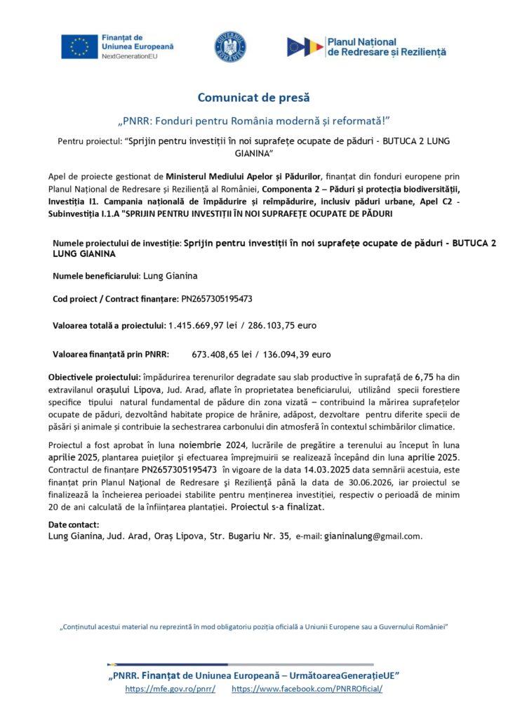 Comunicat al Ministerului Investițiilor și Proiectelor Europene privind investițiile &icirc;n terenuri ne&icirc;mpădurite, logo-uri, sume, beneficiar.