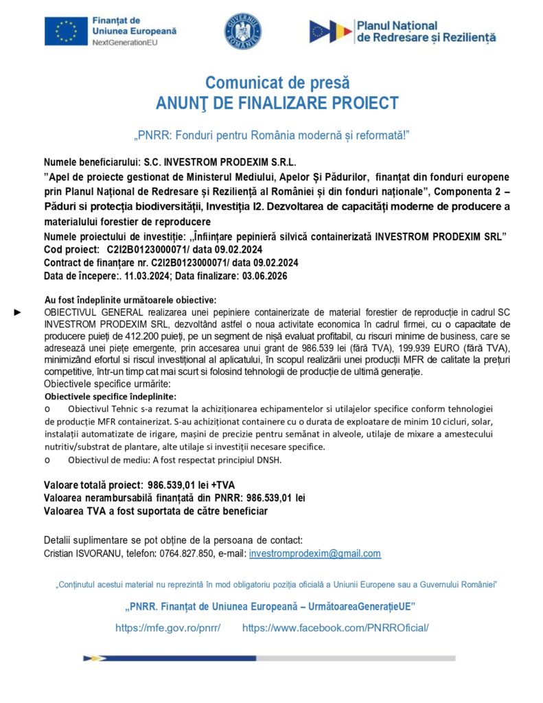 Comunicat &icirc;n limba rom&acirc;nă despre finalizarea unui proiect PNRR, cu beneficiar, titlu proiect, număr contract și sume finanțare vizibile.