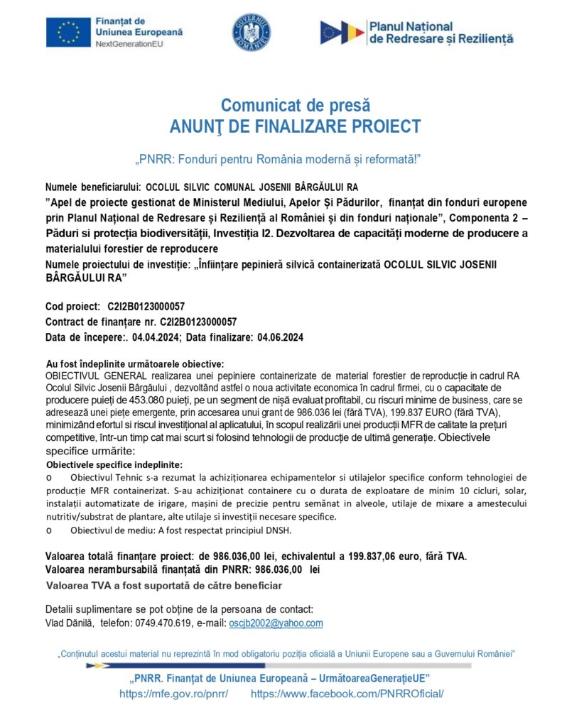 Comunicat oficial finalizare proiect fabrică de peleți lemn, cu logo-uri instituționale, cod proiect, obiective și data contact vizibile.