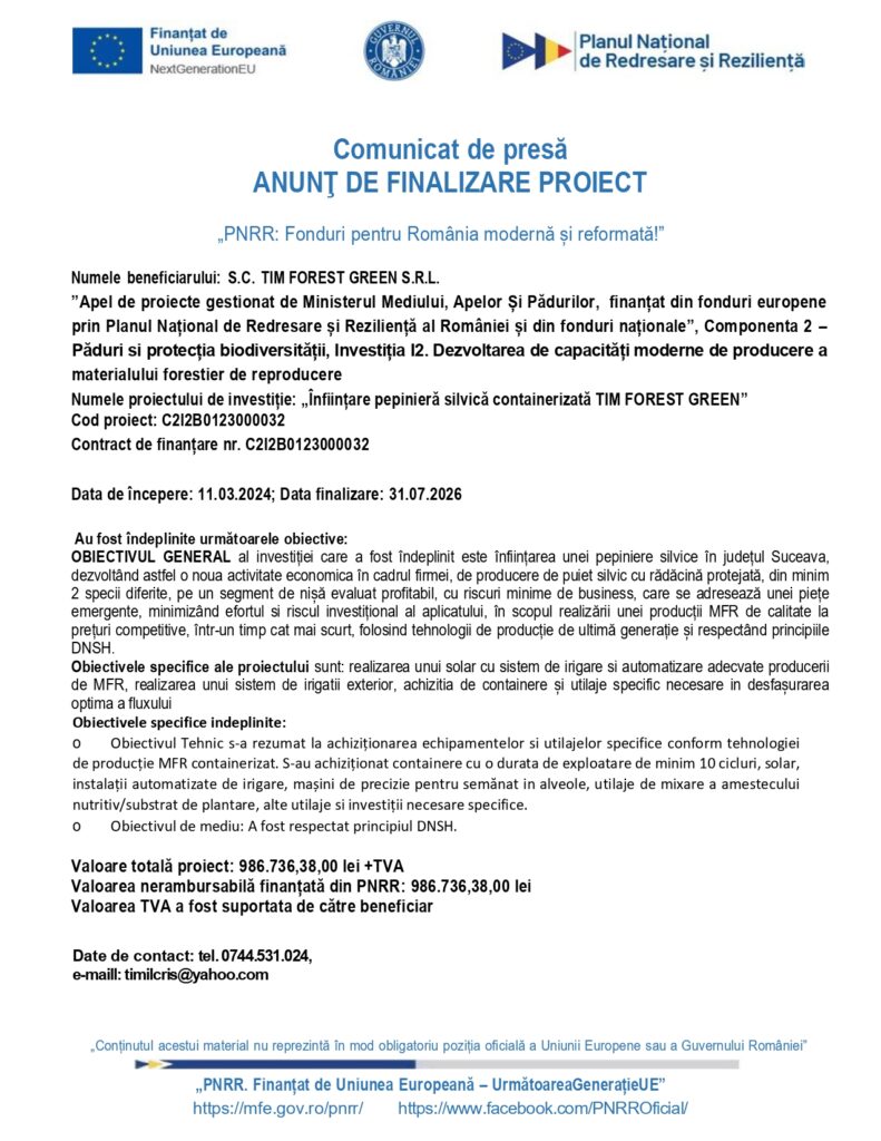 Comunicat de presă &icirc;n limba rom&acirc;nă, antet albastru, tabele și informații despre proiect; S.C. TIM FOREST GREEN S.R.L., finanțare UE.