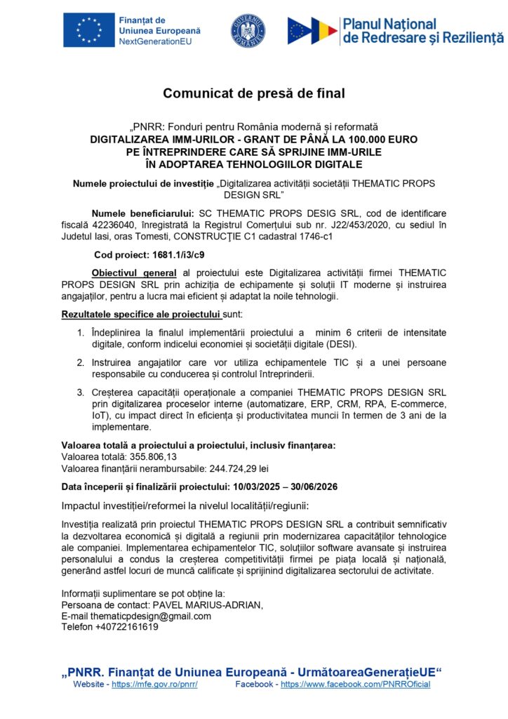 Comunicat de presă &icirc;n limba rom&acirc;nă, cu siglele UE și detalii despre proiectul de digitalizare a IMM-urilor, finanțat cu p&acirc;nă la 100.000 &euro;.