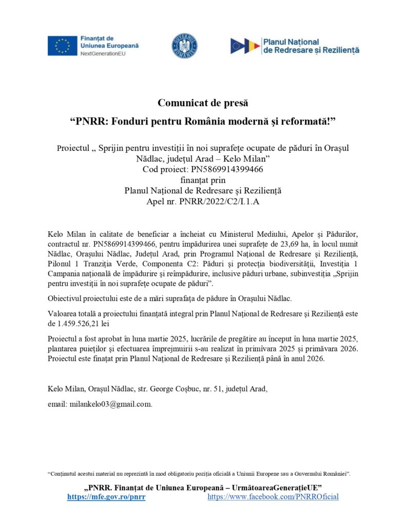 Comunicat financiar pentru proiect &icirc;n Nădlac, Arad, PNRR; detalii proiect, contact și sigle oficiale ale instituțiilor sus pe pagină.