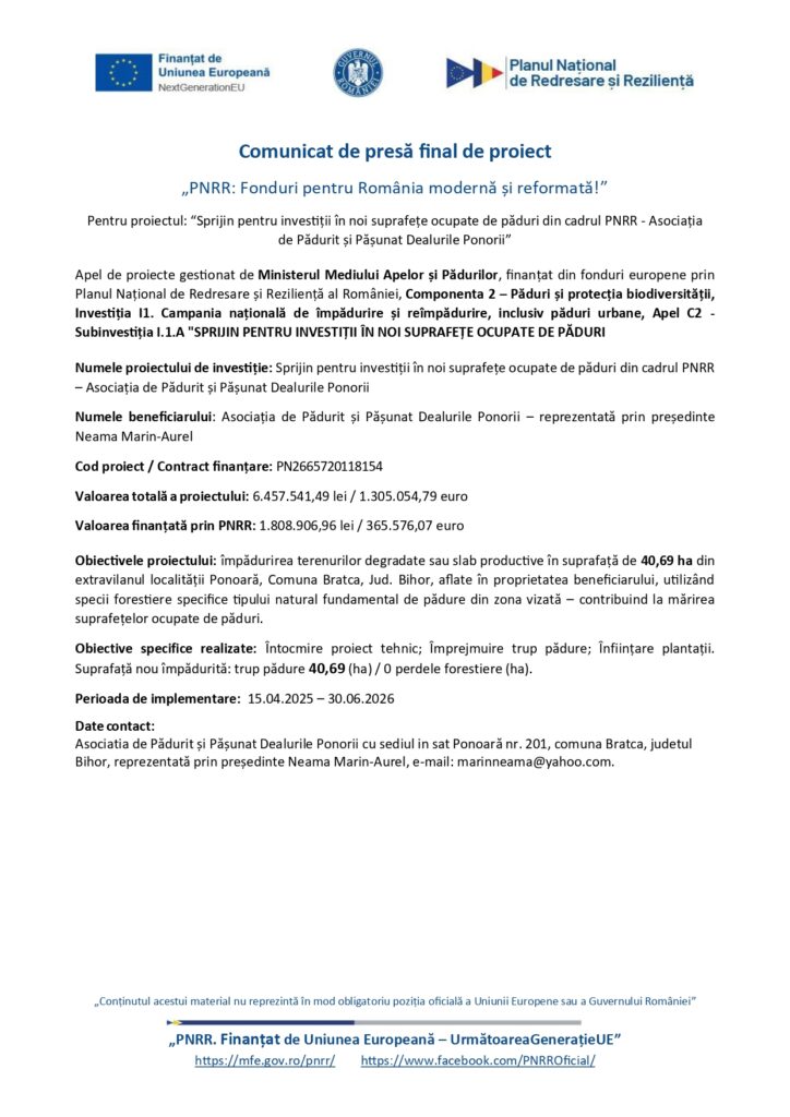 Comunicat de presă cu siglele instituțiilor, titlul proiectului de investiții forestiere din cadrul PNRR, date financiare și date de contact pe fundal alb.